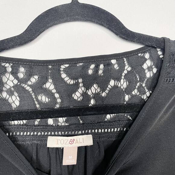 Roz & Ali Medium M Black Lace Inset Sheer Long Sleeve Blouse Top Round Neck - Picture 5 of 7